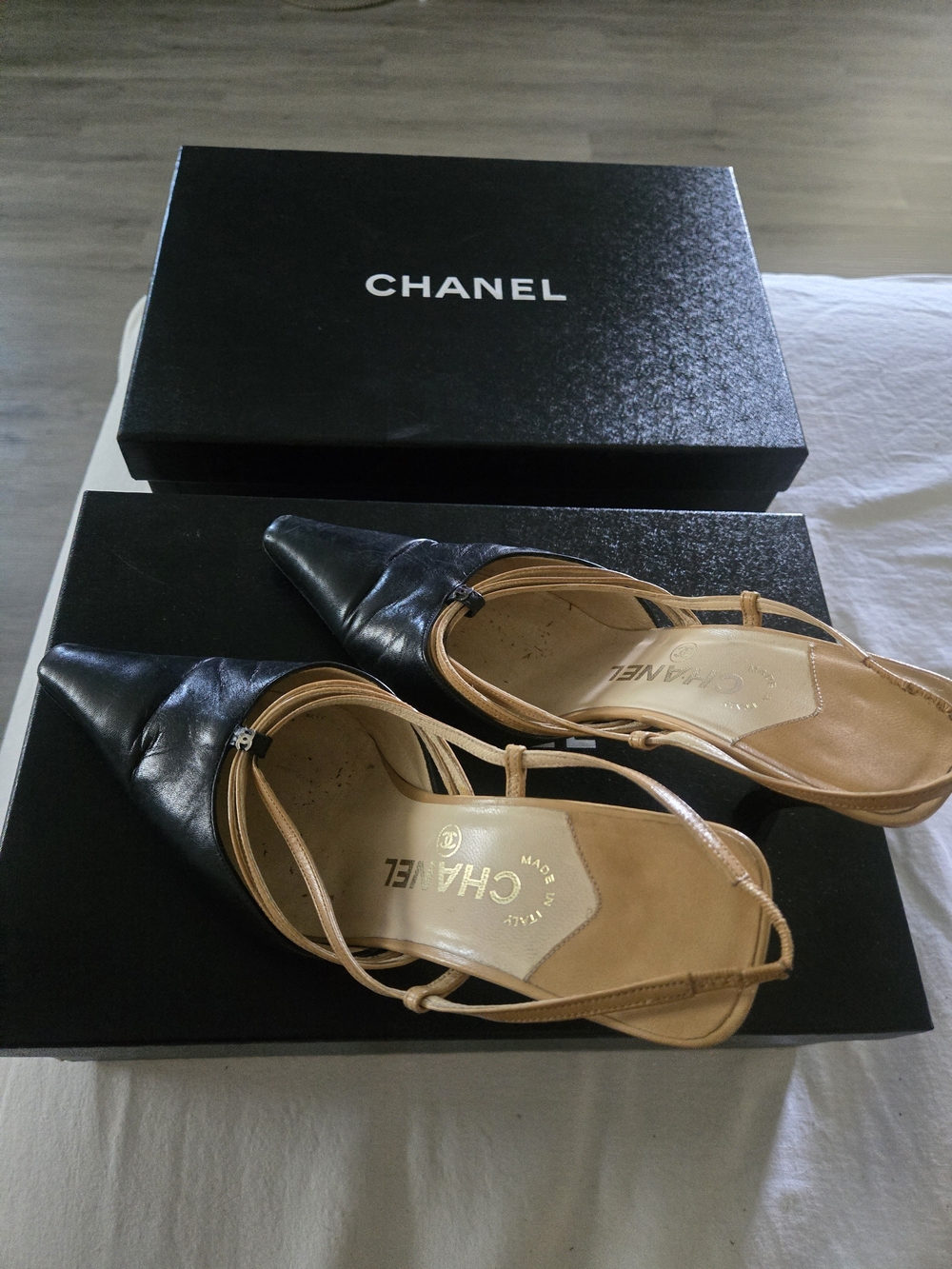 CHANEL Black Pointed Toe Slingback Heels with Tan Straps